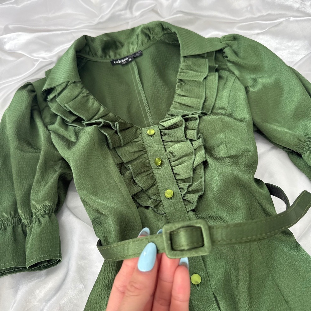 Takara Green Ruffle V-Neck Belted Satin Blouse Short Puff Sleeve Top Small - Picture 2 of 6